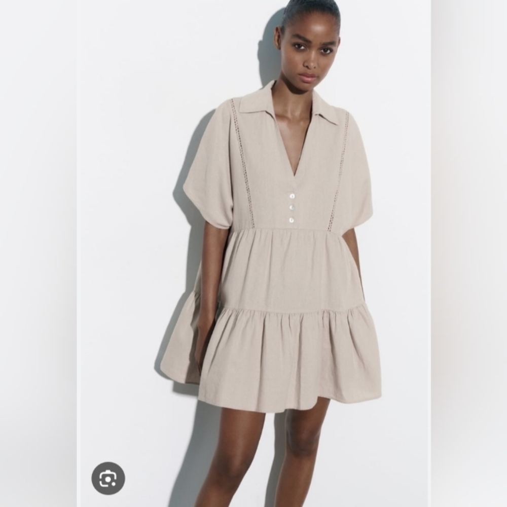 Zara Linen Blend Lace Trim Tiered Mini Dress Sand/ Cream, Size S